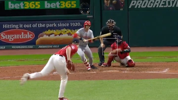 Cleveland Guardians relief pitcher Tim Herrin delivers a pitch as Cincinnati Reds outfielder TJ Friedl squares to bunt during the top of the seventh inning of Wednesday's game at Progressive Field.
