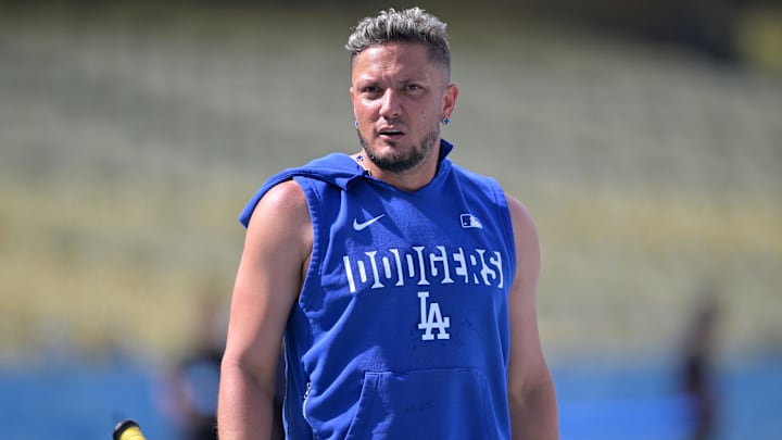 Mar 28, 2026; Los Angeles, California, USA;  Los Angeles Dodgers second baseman Miguel Rojas (72) during batting practice prior to the game against the Arizona Diamondbacks at Dodger Stadium. Mandatory Credit: Jayne Kamin-Oncea-Imagn Images
