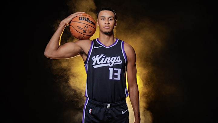 Sep 30, 2024; Sacramento, CA, USA; Sacramento Kings forward Keegan Murray (13) during media day at Golden 1 Center. Mandatory Credit: Sergio Estrada-Imagn Images