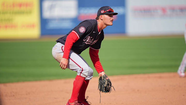 Mar 15, 2024; Port St. Lucie, Florida, USA; Washington Nationals third baseman Brady House (55) participates in the Spring Breakout game against the New York Mets at Clover Park. Mar 15, 2024; Port St. Lucie, Florida, USA; Washington Nationals third baseman Brady House (55) participates in the Spring Breakout game against the New York Mets at Clover Park.