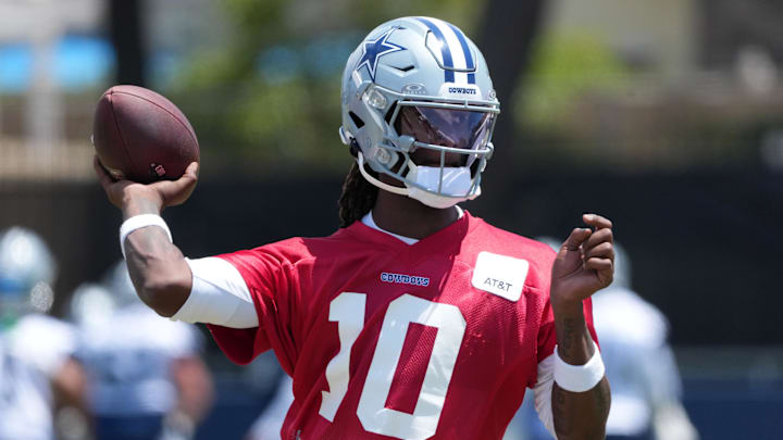 Dallas Cowboys quarterback Joe Milton throws the ball at training camp at the River Ridge Fields. Dallas Cowboys quarterback Joe Milton throws the ball at training camp at the River Ridge Fields.