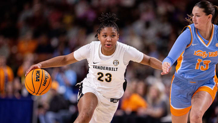 Vanderbilt Commodores guard Iyana Moore (23) brings the ball up court against the Tennessee Lady Vols during the second half at Bon Secours Wellness Arena.