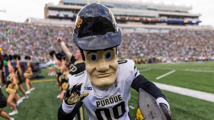 Sep 20, 2025; South Bend, Indiana, USA; Purdue mascot Purdue Pete cheers against the Notre Dame Fighting Irish.
