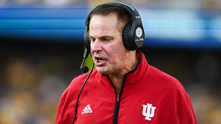 Sep 27, 2025; Iowa City, Iowa, USA; Indiana Hoosiers head coach Curt Cignetti looks on during the fourth quarter against the Iowa Hawkeyes at Kinnick Stadium. 
