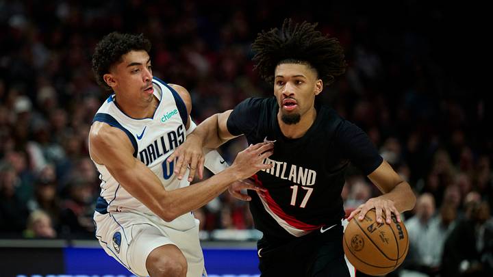 Dec 29, 2025; Portland, Oregon, USA; Portland Trail Blazers guard Shaedon Sharpe (17) dribbles the ball during the first half against Dallas Mavericks guard Max Christie (00) at Moda Center. Mandatory Credit: Troy Wayrynen-Imagn Images
