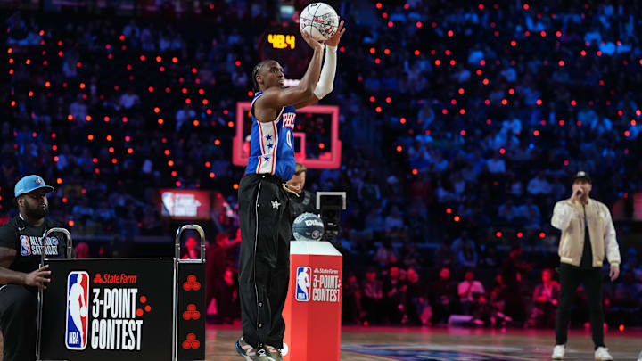 Feb 14, 2026; Los Angeles, CA, USA; Philadelphia 76ers guard Tyrese Maxey (0) competes in the three point contest during the 2026 NBA All Star Saturday Night at Intuit Dome. Mandatory Credit: Kirby Lee-Imagn Images