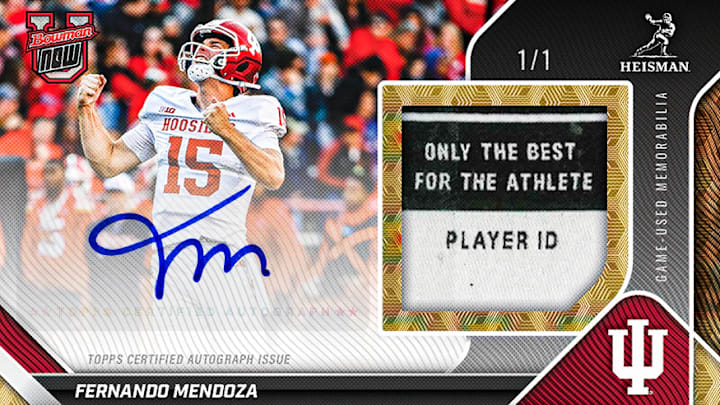 Fernando Mendoza's Bomwan U Now card release, recognizing him as the 2025 Heisman Trophy winner, includes a one-of-one jersey tag relic autograph. Fernando Mendoza's Bomwan U Now card release, recognizing him as the 2025 Heisman Trophy winner, includes a one-of-one jersey tag relic autograph.