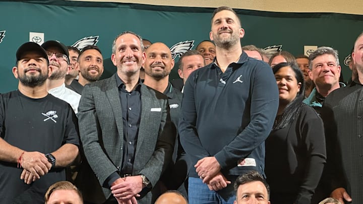 Eagles GM Howie Roseman and head coach Nick Sirianni with members of the organization after the 2025 NFL Draft. 