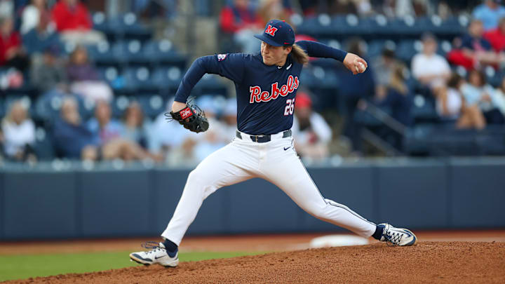 Ole Miss LHP Hunter Elliott throws a pitch against Wright State on Feb. 28, 2025 at Swayze Field in Oxford, Miss.