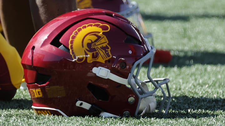 USC Trojans helmet on the sideline during the game against the Michigan Wolverines at Michigan Stadium. 