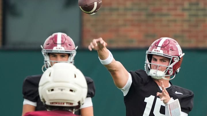 July 30, 2025; Tuscaloosa, AL, USA; Quarterback Ty Simpson throws during the first practice session of the preseason for the Alabama Crimson Tide.