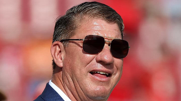 Dec 29, 2024; Tampa, Florida, USA; Tampa Bay Buccaneers general manager Jason Licht prior to the game against the Carolina Panthers at Raymond James Stadium. Mandatory Credit: Kim Klement Neitzel-Imagn Images