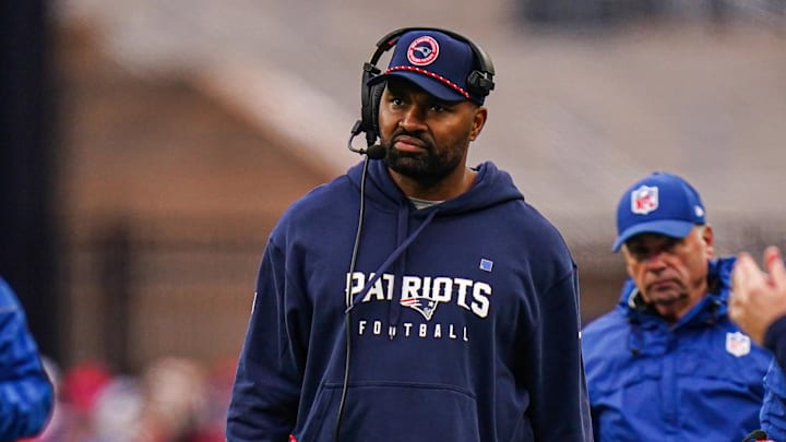 Dec 28, 2024; Foxborough, Massachusetts, USA; New England Patriots head coach Jerod Mayo watches from the sideline as they take on the Los Angeles Chargers at Gillette Stadium. Mandatory Credit: David Butler II-Imagn Images