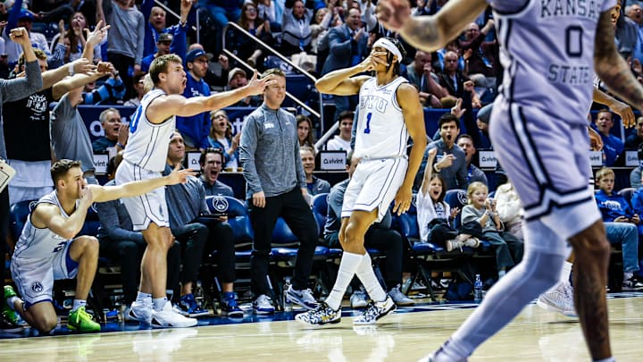BYU Basketball's Trey Stewart celebrates a three against Kansas State