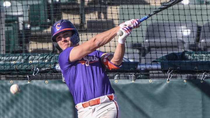 Clemson junior Will Taylor (16) bats during practice at Doug Kingsmore Stadium in Clemson, S.C. Tuesday, February 13, 2024.