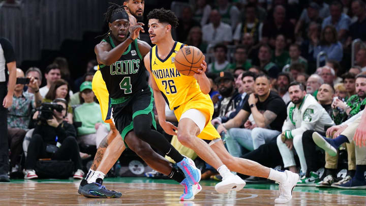 May 23, 2024; Boston, Massachusetts, USA; Indiana Pacers guard Ben Sheppard (26) dribbles the ball against Boston Celtics guard Jrue Holiday (4) in the first half during game two of the eastern conference finals for the 2024 NBA playoffs at TD Garden. Mandatory Credit: David Butler II-USA TODAY Sports May 23, 2024; Boston, Massachusetts, USA; Indiana Pacers guard Ben Sheppard (26) dribbles the ball against Boston Celtics guard Jrue Holiday (4) in the first half during game two of the eastern conference finals for the 2024 NBA playoffs at TD Garden. Mandatory Credit: David Butler II-USA TODAY Sports