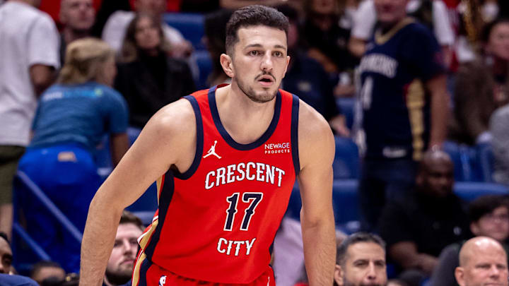Oct 23, 2024; New Orleans, Louisiana, USA;  New Orleans Pelicans center Karlo Matkovic (17) looks on against the Chicago Bulls during the second half at Smoothie King Center. 