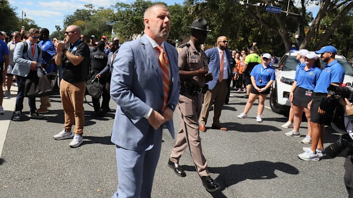 Florida head coach Billy Napier heads out to Gator Walk before an NCAA football game against Mississippi Stateat Steve Spurrier Field at Ben Hill Griffin Stadium in Gainesville, FL on Saturday, October 18, 2025. [Alan Youngblood/Gainesville Sun]