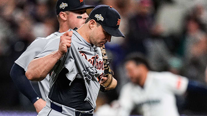 Detroit Tigers pitcher Tommy Kahnle (43) and first baseman Spencer Torkelson (20) walk off the field after 3-2 loss to Seattle Mariners in 15 innings at ALDS Game 5 at T-Mobile Park in Seattle on Friday, Oct. 10, 2025.