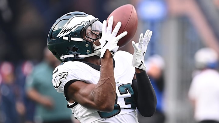 Aug 15, 2024; Foxborough, MA, USA; Philadelphia Eagles wide receiver John Ross (83) warms up before a game against the New England Patriots at Gillette Stadium. Mandatory Credit: Eric Canha-Imagn Images