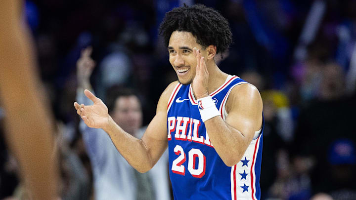 Nov 10, 2024; Philadelphia, Pennsylvania, USA; Philadelphia 76ers guard Jared McCain (20) reacts after scoring against the Charlotte Hornets during the third quarter at Wells Fargo Center. Mandatory Credit: Bill Streicher-Imagn Images Nov 10, 2024; Philadelphia, Pennsylvania, USA; Philadelphia 76ers guard Jared McCain (20) reacts after scoring against the Charlotte Hornets during the third quarter at Wells Fargo Center. Mandatory Credit: Bill Streicher-Imagn Images