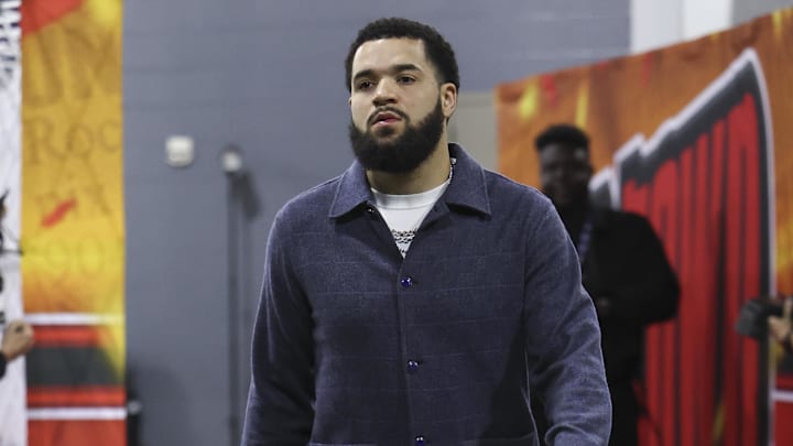 May 4, 2025; Houston, Texas, USA; Houston Rockets guard Fred VanVleet (5) arrives before game seven of first round for the 2025 NBA Playoffs against the Golden State Warriors at Toyota Center. Mandatory Credit: Troy Taormina-Imagn Images