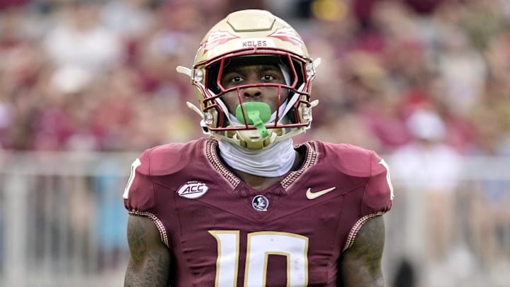 Sep 14, 2024; Tallahassee, Florida, USA; Florida State Seminoles wide receiver Malik Benson (10) looks on during a game against the Memphis Tigers at Doak S. Campbell Stadium. Mandatory Credit: Melina Myers-Imagn Images