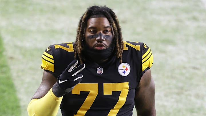 Dec 2, 2020; Pittsburgh, Pennsylvania, USA;  Pittsburgh Steelers offensive tackle Derwin Gray (77) gestures as he leaves the field after defeating the Baltimore Ravens at Heinz Field. The Steelers won 19-14. Mandatory Credit: Charles LeClaire-Imagn Images