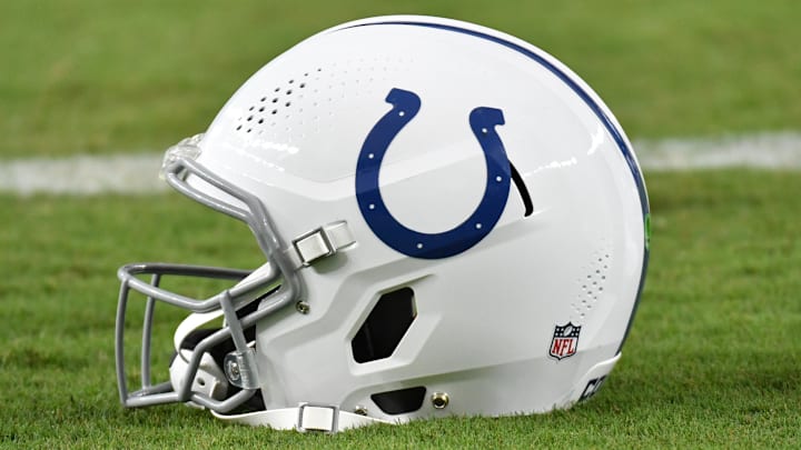 Indianapolis Colts helmet on the field against the Philadelphia Eagles at Lincoln Financial Field. Indianapolis Colts helmet on the field against the Philadelphia Eagles at Lincoln Financial Field.