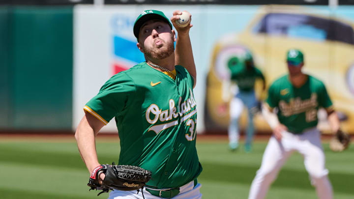 May 26, 2024; Oakland, California, USA; Oakland Athletics pitcher Jack O'Loughlin (37) throws a pitch against the Houston Astros in his MLB debut during the seventh inning at Oakland-Alameda County Coliseum. Mandatory Credit: Robert Edwards-Imagn Images May 26, 2024; Oakland, California, USA; Oakland Athletics pitcher Jack O'Loughlin (37) throws a pitch against the Houston Astros in his MLB debut during the seventh inning at Oakland-Alameda County Coliseum. Mandatory Credit: Robert Edwards-Imagn Images