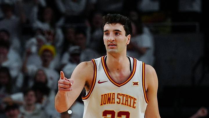 Iowa State Cyclones forward Milan Momcilovic (22) reacts after a three-point shot against Baylor during the first half in the Big-12 men’s basketball on Feb. 7, 2026, at Hilton Coliseum in Ames, Iowa