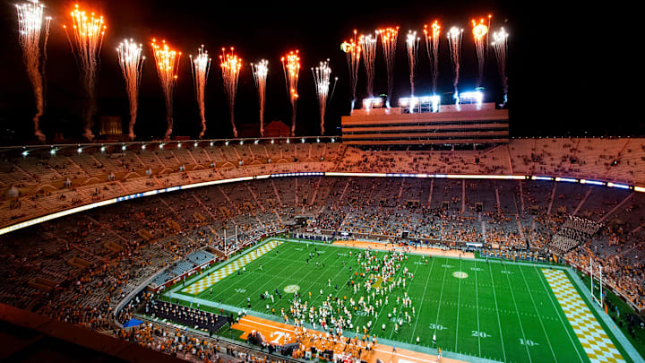 Fireworks go off at the conclusion of a NCAA football game between the Tennessee Volunteers and the Bowling Green Falcons held at Neyland Stadium in Knoxville, Tenn., on Thursday, Sept. 2, 2021.