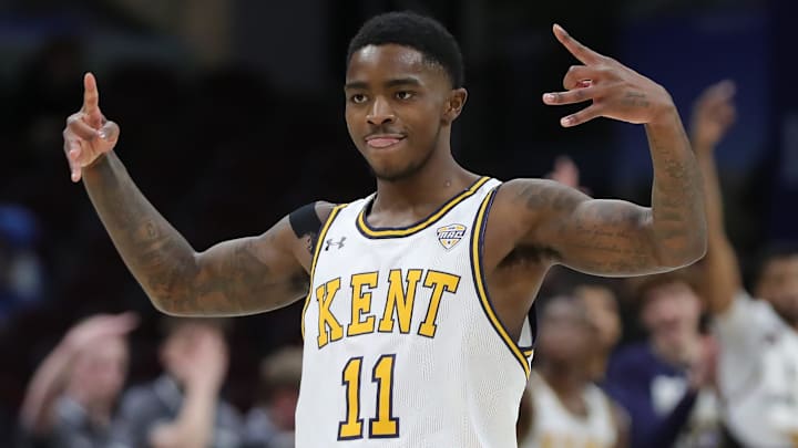 Kent State Golden Flashes guard Cian Medley celebrates after a 3-pointer 