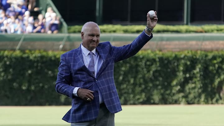 Jun 23, 2024; Chicago, Illinois, USA; Chicago Cubs Hall of Fame player Ryne Sandberg throws out a ceremonial first pitch before the game between the Chicago Cubs and the New York Mets at Wrigley Field. 
