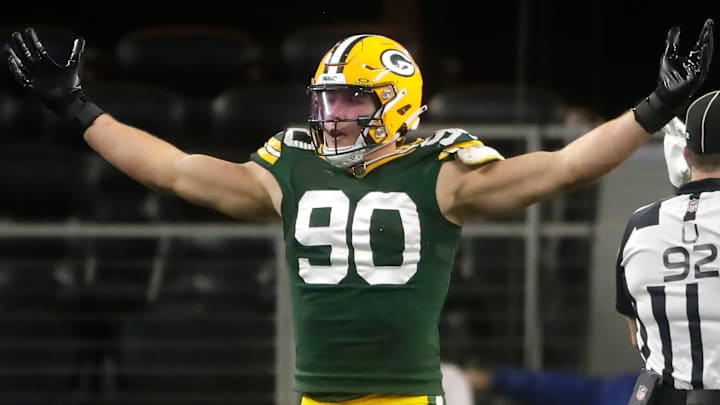 Green Bay Packers linebacker Lukas Van Ness (90) reacts against the Dallas Cowboys during the fourth quarter of their wild card playoff game Sunday, January 14, 2024 at AT&T Stadium in Arlington, Texas. Green Bay defeated Dallas 48-32.