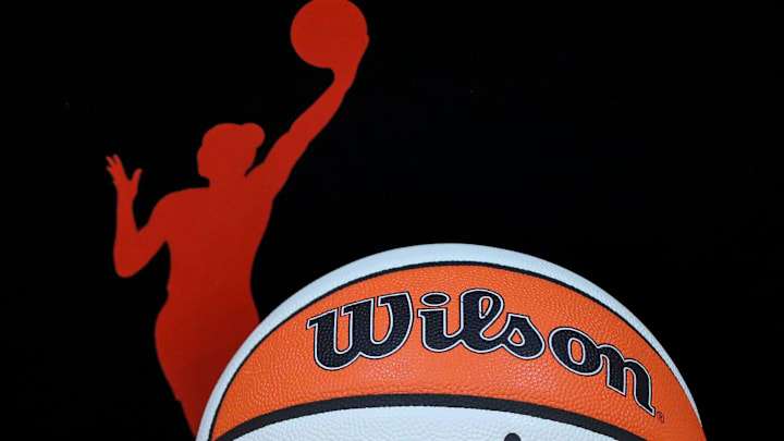 A basketball seen during a WNBA-themed girls basketball camp held at Aurora High School, Thursday, July 31, 2025, in Aurora, Ohio.