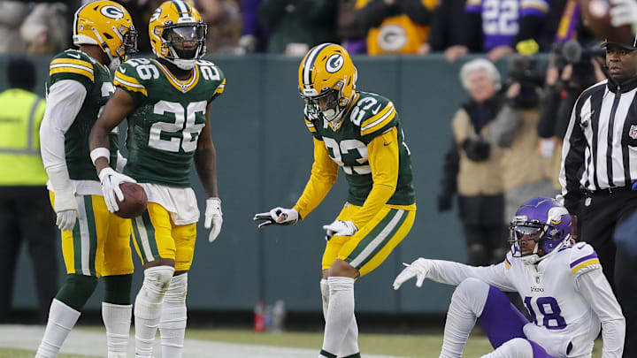 Jan 1, 2023; Green Bay, Wisconsin, USA; Green Bay Packers cornerback Jaire Alexander does the Griddy after breaking up a pass intended for Minnesota Vikings wide receiver Justin Jefferson (18) at Lambeau Field. Mandatory Credit: Tork Mason-Imagn Images Jan 1, 2023; Green Bay, Wisconsin, USA; Green Bay Packers cornerback Jaire Alexander does the Griddy after breaking up a pass intended for Minnesota Vikings wide receiver Justin Jefferson (18) at Lambeau Field. Mandatory Credit: Tork Mason-Imagn Images