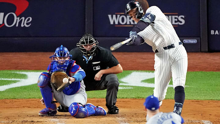 New York Yankees outfielder Aaron Judge (right) strikes out during Game 3 of the World Series against the Los Angeles Dodgers on Monday at Yankee Stadium. New York Yankees outfielder Aaron Judge (right) strikes out during Game 3 of the World Series against the Los Angeles Dodgers on Monday at Yankee Stadium.