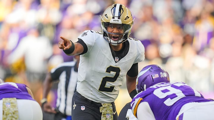 Nov 12, 2023; Minneapolis, Minnesota, USA; New Orleans Saints quarterback Jameis Winston (2) against the Minnesota Vikings in the third quarter at U.S. Bank Stadium. Nov 12, 2023; Minneapolis, Minnesota, USA; New Orleans Saints quarterback Jameis Winston (2) against the Minnesota Vikings in the third quarter at U.S. Bank Stadium.