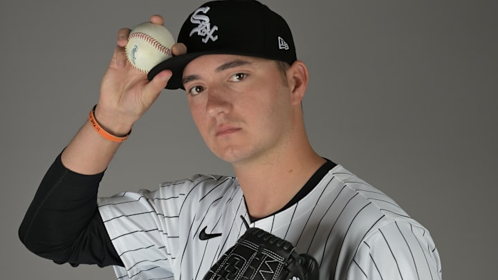 Chicago White Sox pitcher Owen White (57) poses for a photo on media day at the team’s spring training facility in Glendale, AZ.  