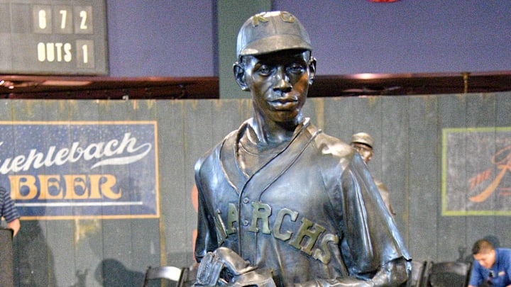 Jun 21, 2017; Kansas City, MO, USA; A detail view of a statue of Satchel Paige on display during a presentation at the Negro Leagues Baseball Museum. 