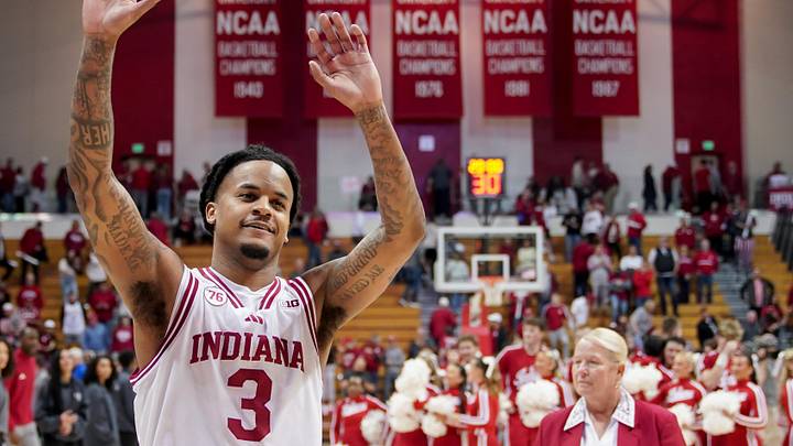 Mar 4, 2026; Bloomington, Indiana, USA; Indiana Hoosiers guard Lamar Wilkerson (3) celebrates after the game against the Minnesota Golden Gophers at Simon Skjodt Assembly Hall. Mandatory Credit: Robert Goddin-Imagn Images