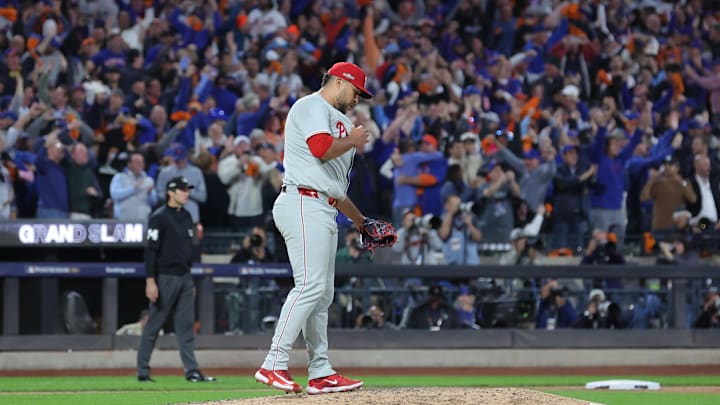Oct 9, 2024; New York, New York, USA; Philadelphia Phillies pitcher Carlos Estevez (53) reacts after giving up a grand slam to New York Mets shortstop Francisco Lindor (not pictured) in the sixth inning  in game four of the NLDS for the 2024 MLB Playoffs at Citi Field. Mandatory Credit: Brad Penner-Imagn Images