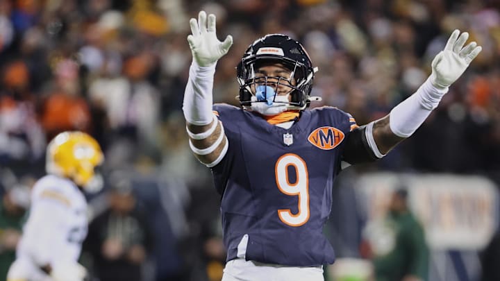 Dec 20, 2025; Chicago, Illinois, USA; Chicago Bears safety Jaquan Brisker (9) reacts against the Green Bay Packers during the first quarter at Soldier Field. Mandatory Credit: Mike Dinovo-Imagn Images