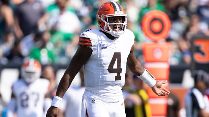 Oct 13, 2024; Philadelphia, Pennsylvania, USA; Cleveland Browns quarterback Deshaun Watson (4) reacts to a play against the Philadelphia Eagles during the first quarter at Lincoln Financial Field. Mandatory Credit: Bill Streicher-Imagn Images Oct 13, 2024; Philadelphia, Pennsylvania, USA; Cleveland Browns quarterback Deshaun Watson (4) reacts to a play against the Philadelphia Eagles during the first quarter at Lincoln Financial Field. Mandatory Credit: Bill Streicher-Imagn Images