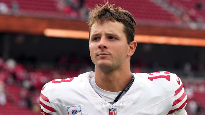 Sep 28, 2025; Santa Clara, California, USA; San Francisco 49ers quarterback Brock Purdy (13) after the game against the Jacksonville Jaguars at Levi's Stadium. Mandatory Credit: Darren Yamashita-Imagn Images
