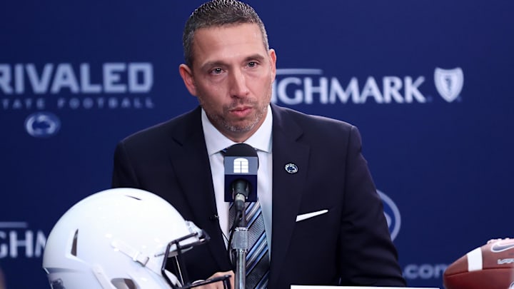 Dec 8, 2025; University Park, PA, USA; Matt Campbell answers questions from the media after being announced as the Penn State Nittany Lions new head coach during a press conference at the Beaver Stadium Press Room. Mandatory Credit: Matthew O'Haren-Imagn Images