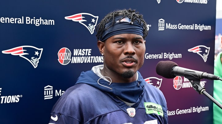 Jul 27, 2023; Foxborough, MA, USA; New England Patriots cornerback Jonathan Jones (31) speaks to the