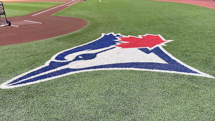 Aug 14, 2022; Toronto, Ontario, CAN; The Toronto Blue Jays logo during batting practice against the Cleveland Guardians at Rogers Centre. Mandatory Credit: Nick Turchiaro-Imagn Images