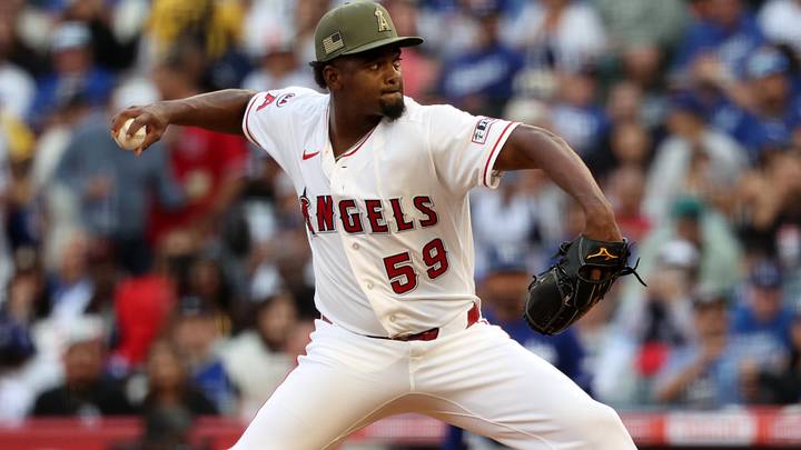 May 16, 2026; Anaheim, California, USA;  Los Angeles Angels pitcher Jose Soriano (59) pitches during the first inning against the Los Angeles Dodgers at Angel Stadium. Mandatory Credit: Kiyoshi Mio-Imagn Images